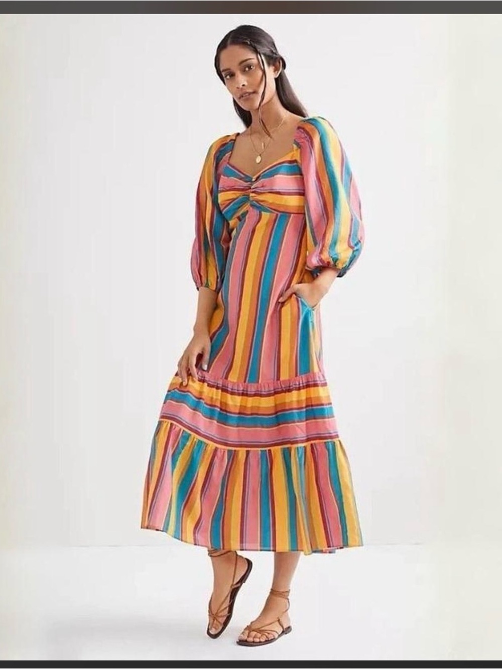 Anthropologie FARM Rio Multicolor Striped Midi Dress with Puff Sleeves